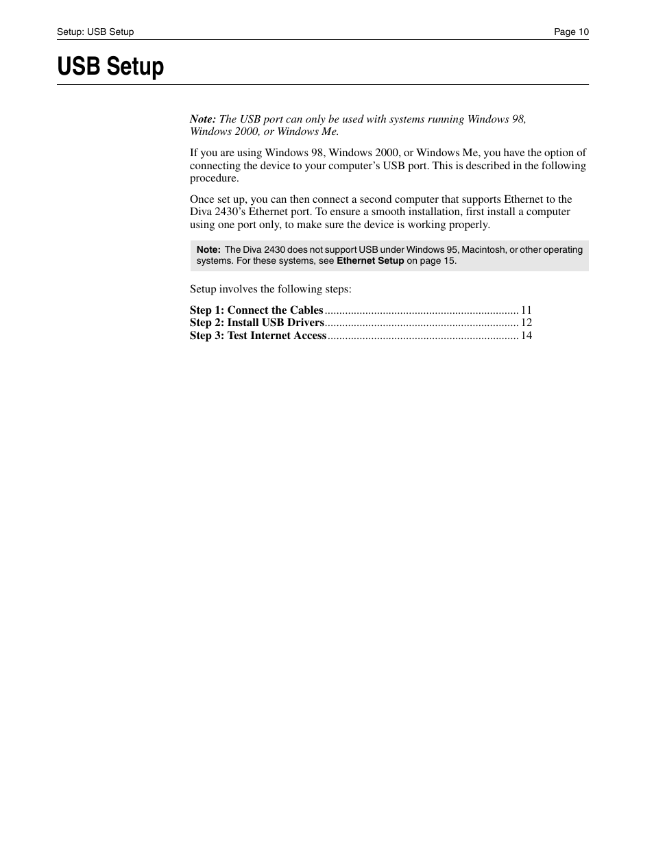 Usb setup | Eicon Networks Diva 2430 User Manual | Page 10 / 68