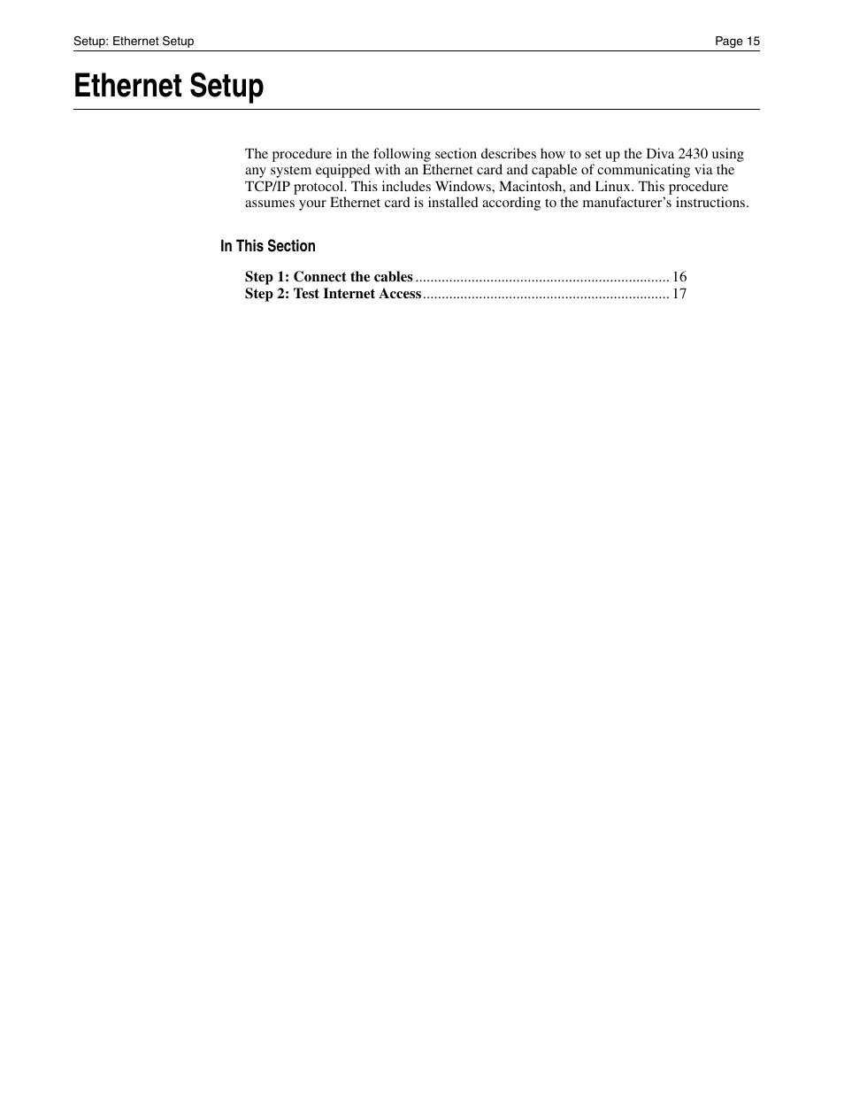 Ethernet setup | Eicon Networks Diva 2430 User Manual | Page 15 / 68