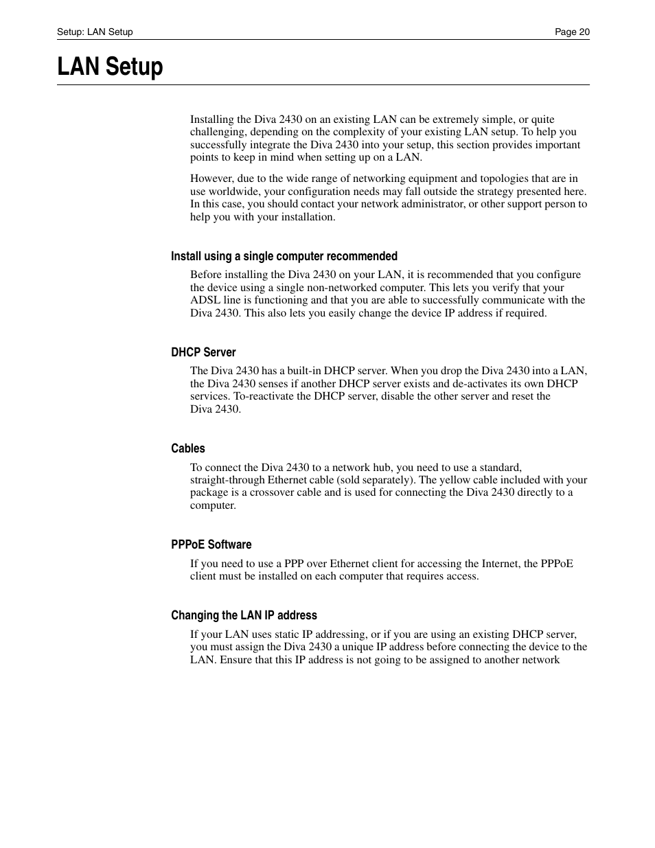 Lan setup | Eicon Networks Diva 2430 User Manual | Page 20 / 68