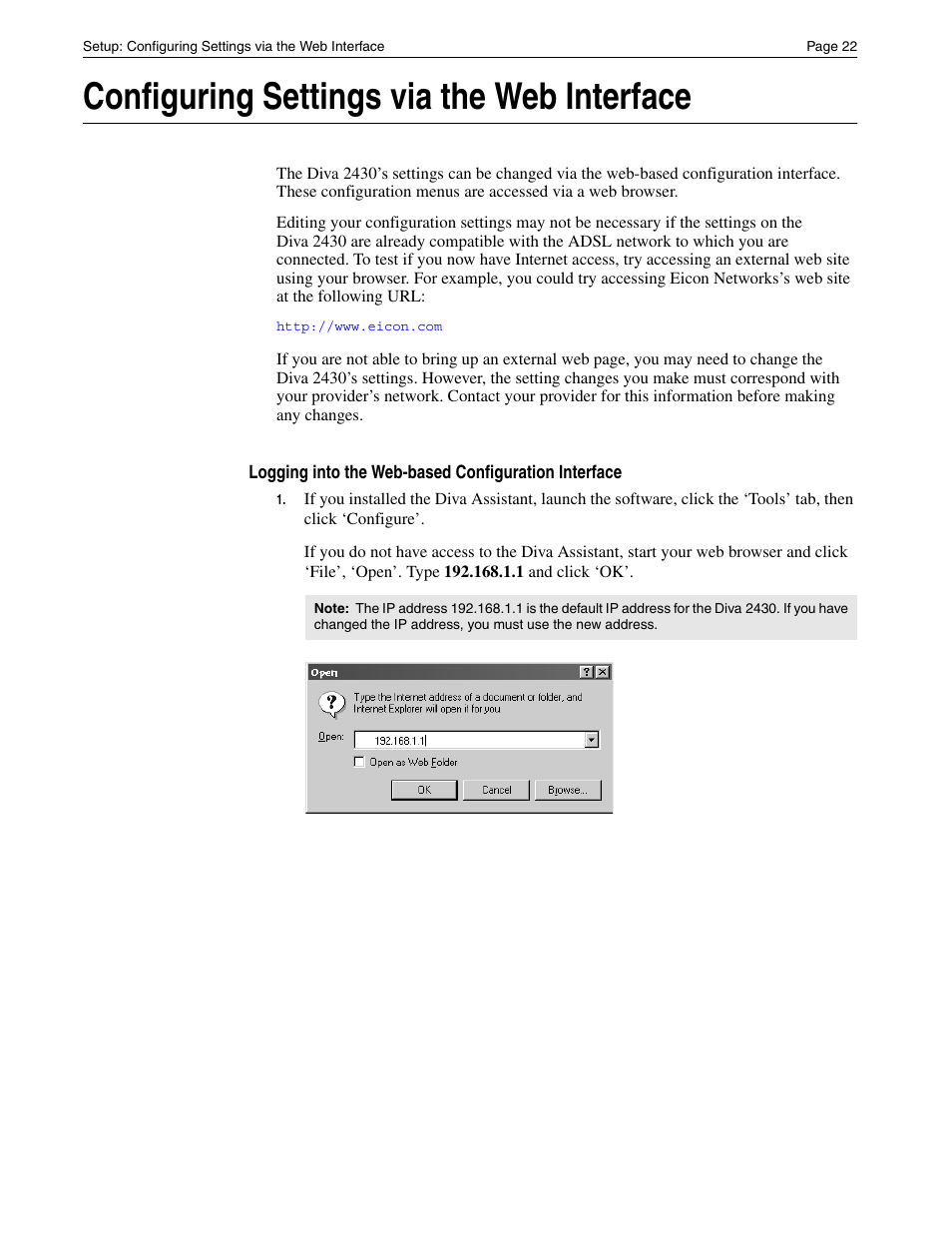 Configuring settings via the web interface | Eicon Networks Diva 2430 User Manual | Page 22 / 68