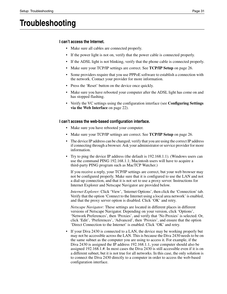 Troubleshooting | Eicon Networks Diva 2430 User Manual | Page 31 / 68