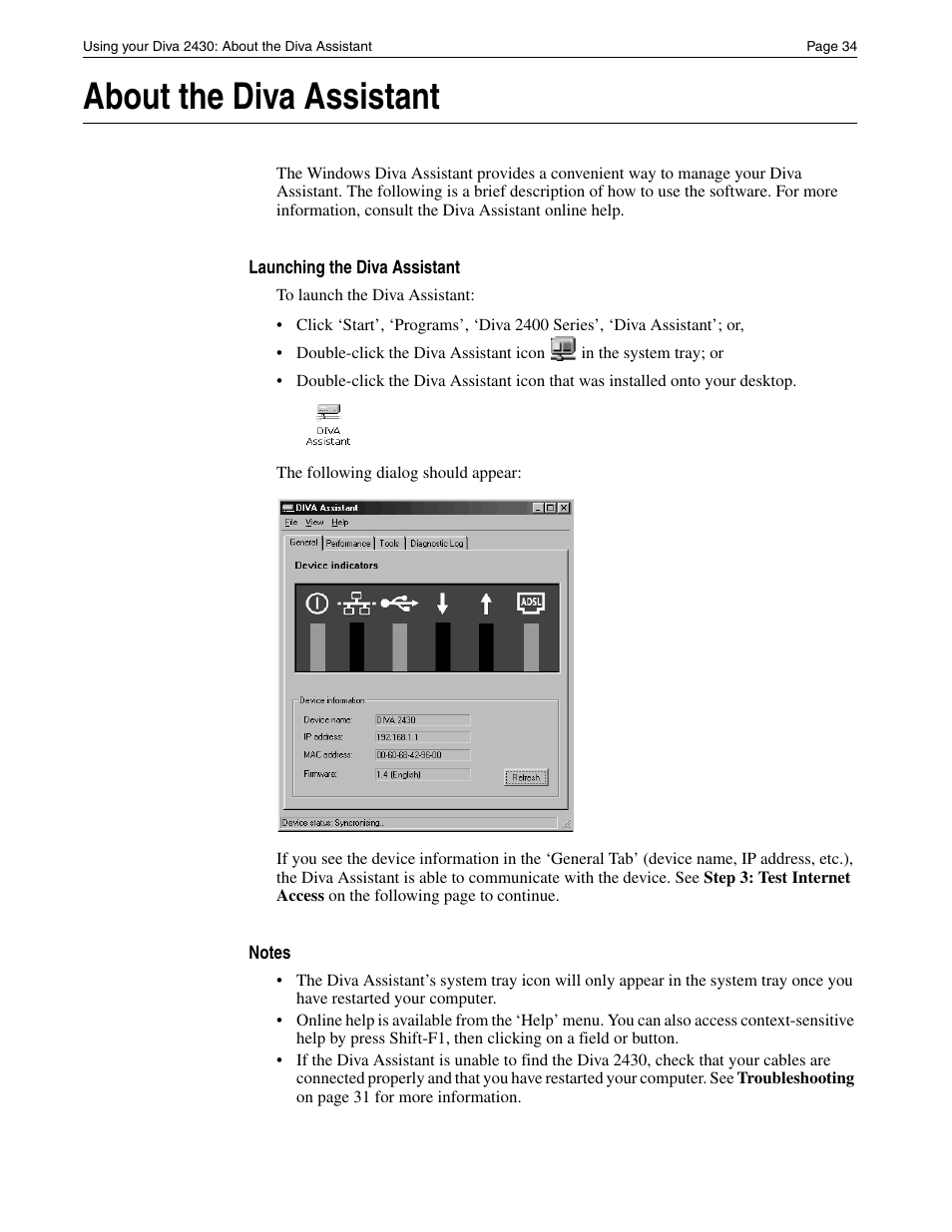 About the diva assistant | Eicon Networks Diva 2430 User Manual | Page 34 / 68