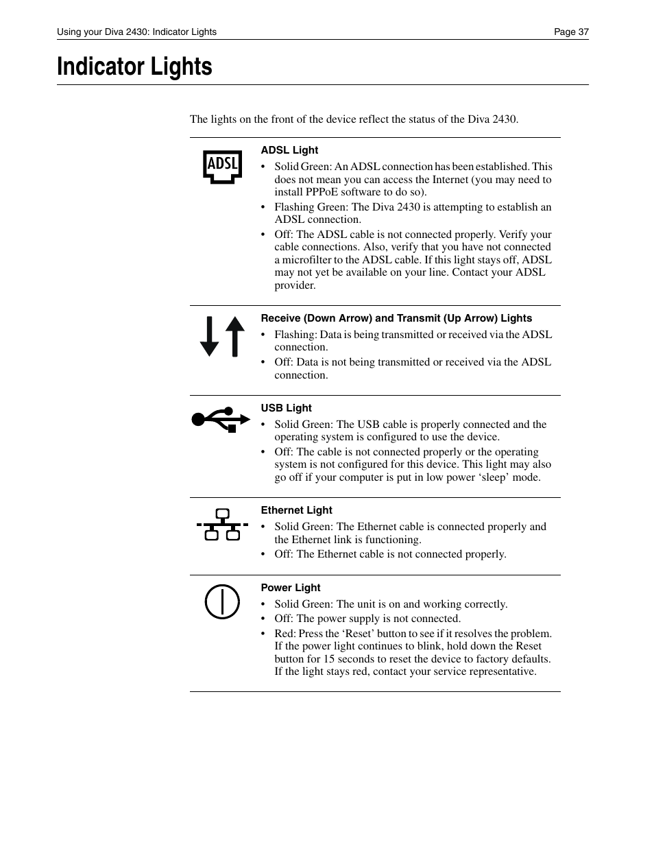 Indicator lights | Eicon Networks Diva 2430 User Manual | Page 37 / 68
