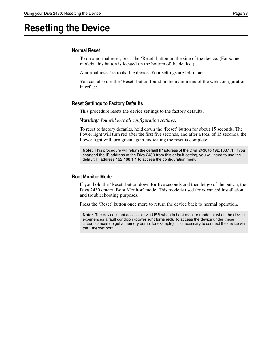 Resetting the device | Eicon Networks Diva 2430 User Manual | Page 38 / 68