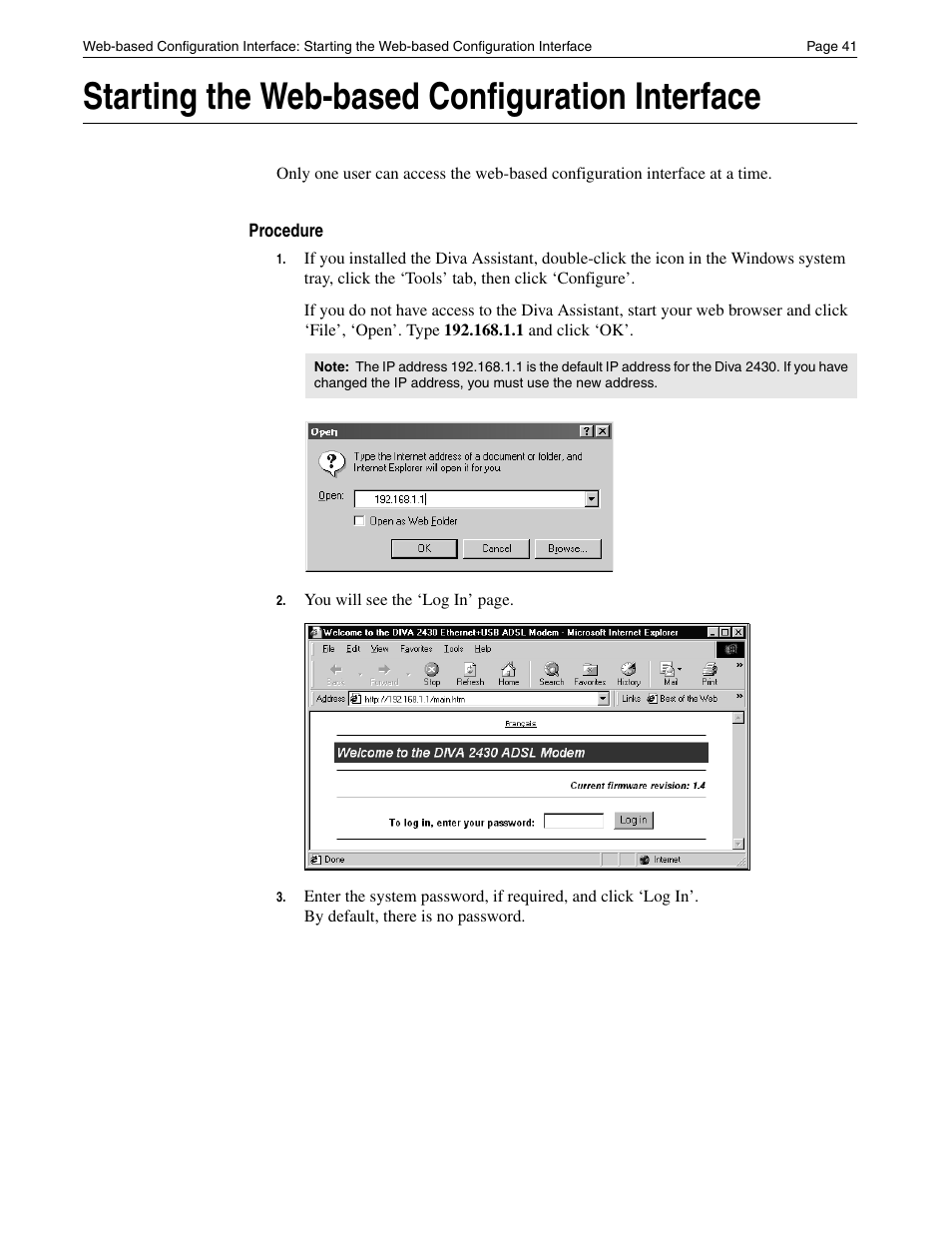 Starting the web-based configuration interface | Eicon Networks Diva 2430 User Manual | Page 41 / 68