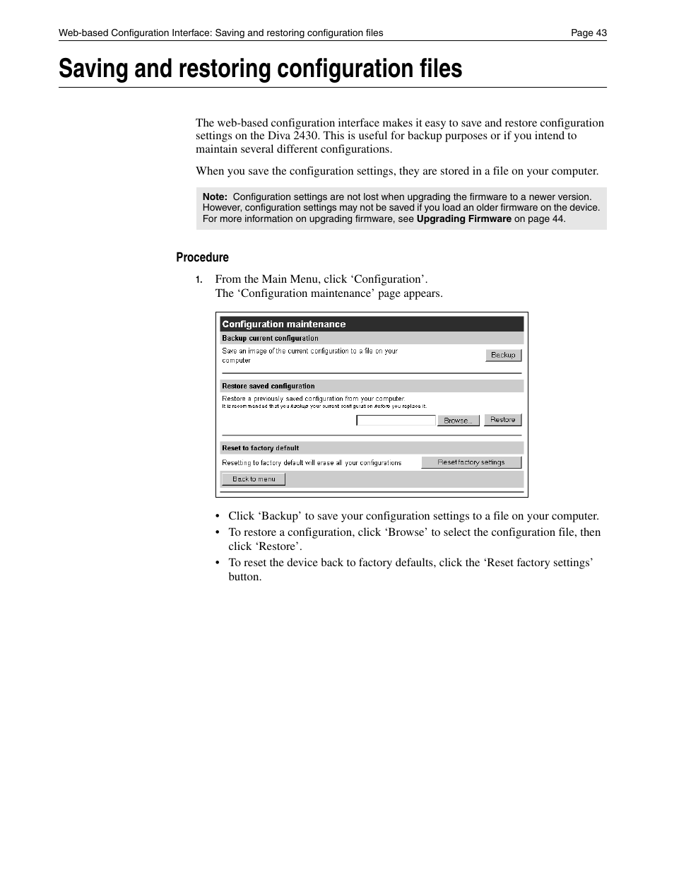 Saving and restoring configuration files | Eicon Networks Diva 2430 User Manual | Page 43 / 68