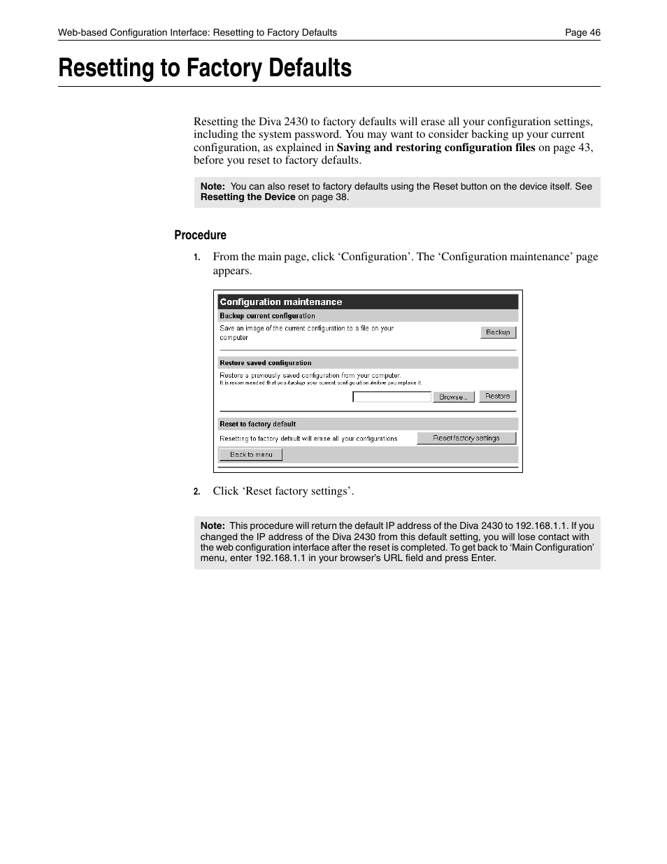 Resetting to factory defaults | Eicon Networks Diva 2430 User Manual | Page 46 / 68