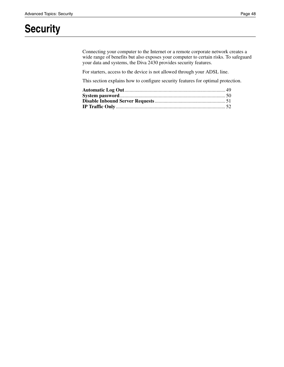 Security | Eicon Networks Diva 2430 User Manual | Page 48 / 68