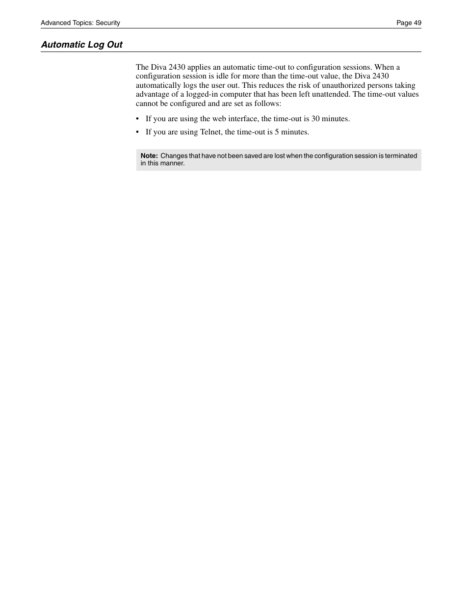 Automatic log out | Eicon Networks Diva 2430 User Manual | Page 49 / 68