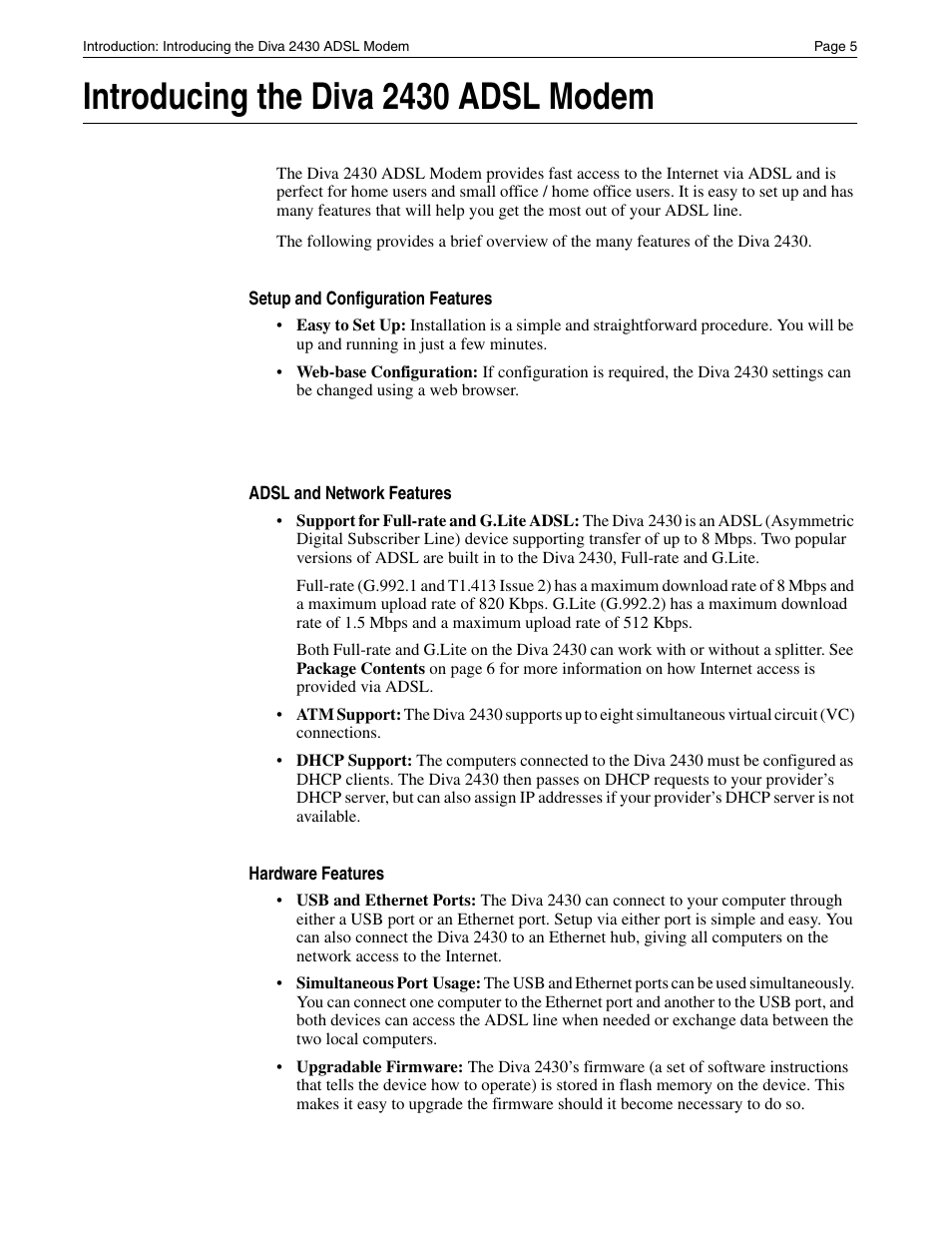 Introducing the diva2430 adsl modem, Introducing the diva 2430 adsl modem | Eicon Networks Diva 2430 User Manual | Page 5 / 68