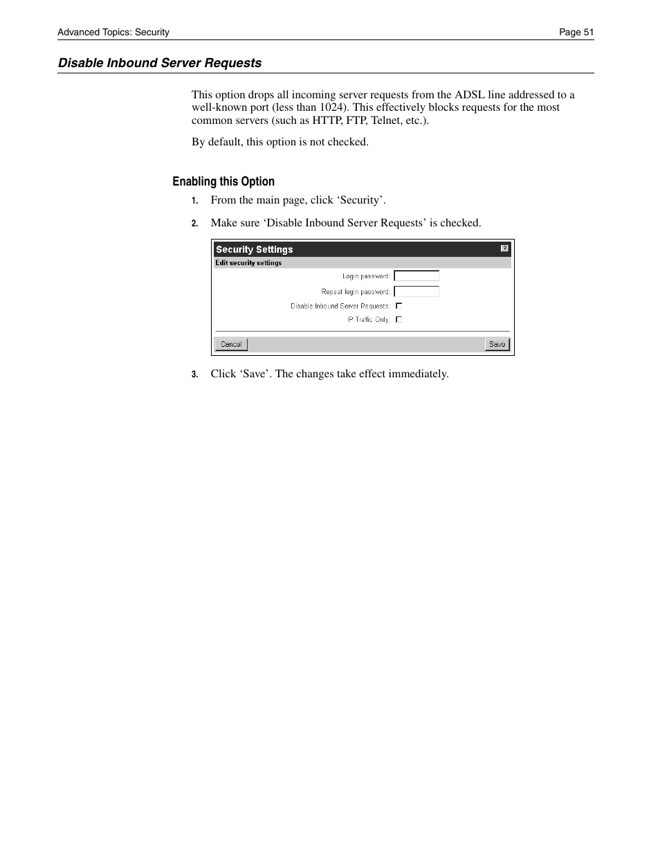 Disable inbound server requests | Eicon Networks Diva 2430 User Manual | Page 51 / 68