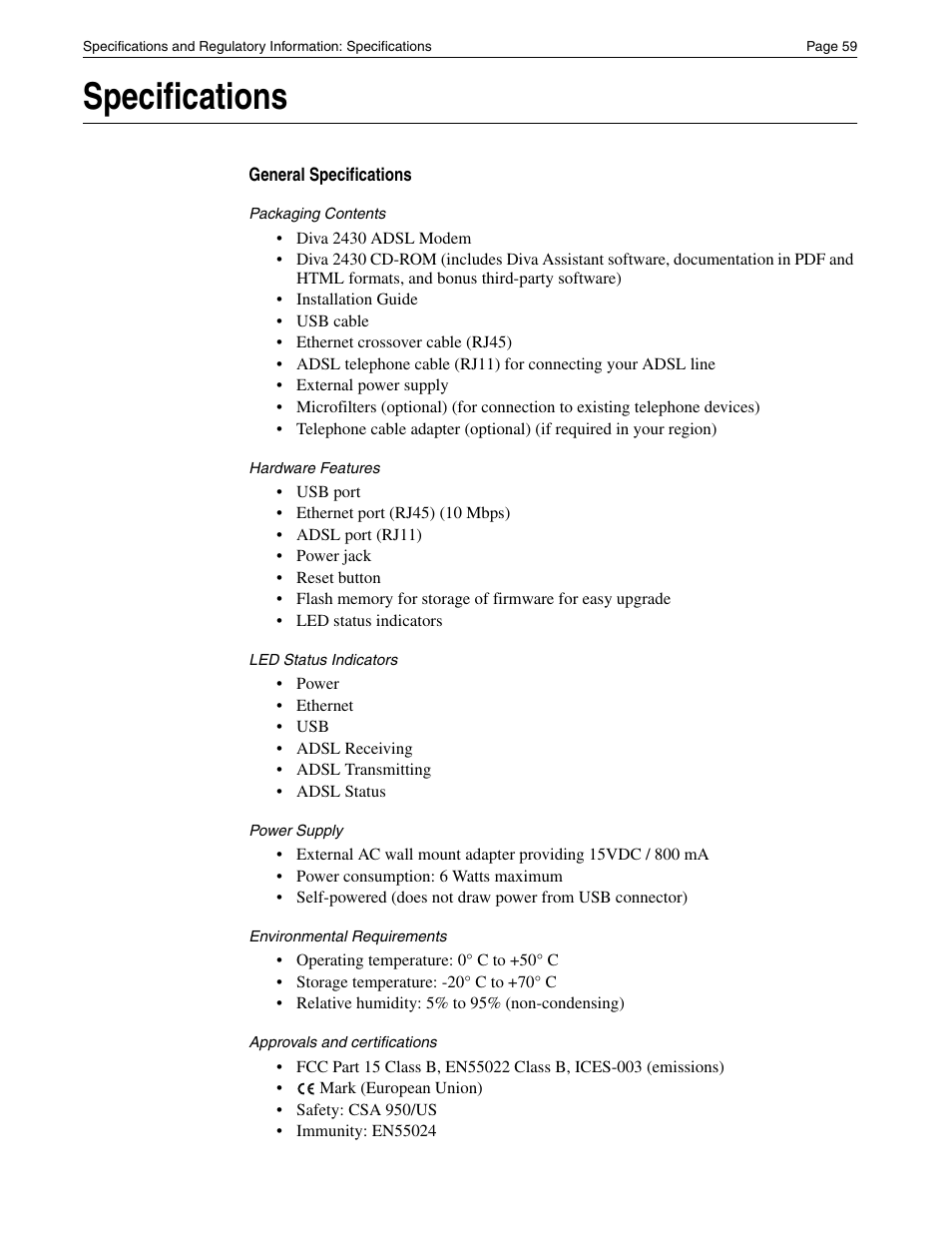 Specifications | Eicon Networks Diva 2430 User Manual | Page 59 / 68