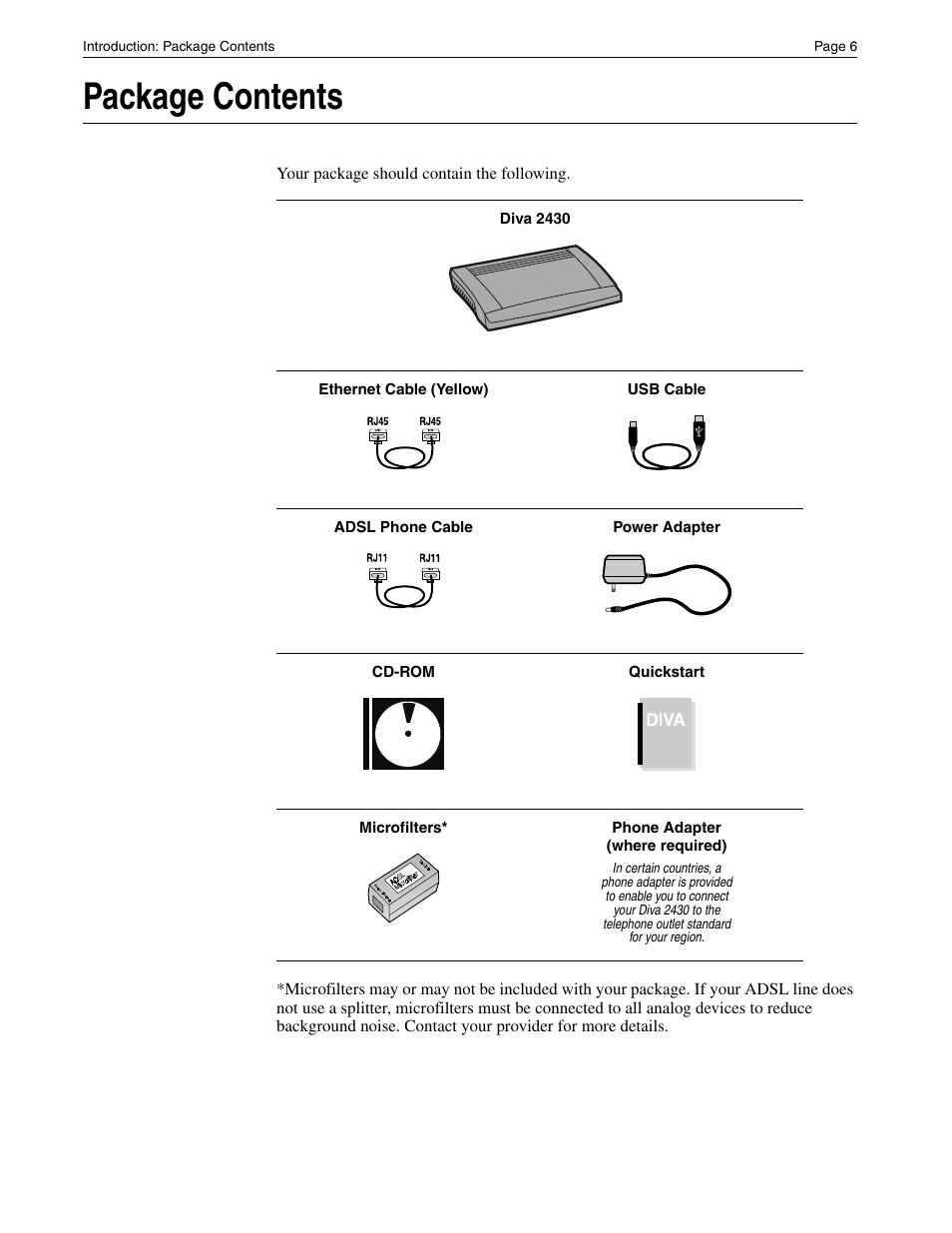 Package contents | Eicon Networks Diva 2430 User Manual | Page 6 / 68