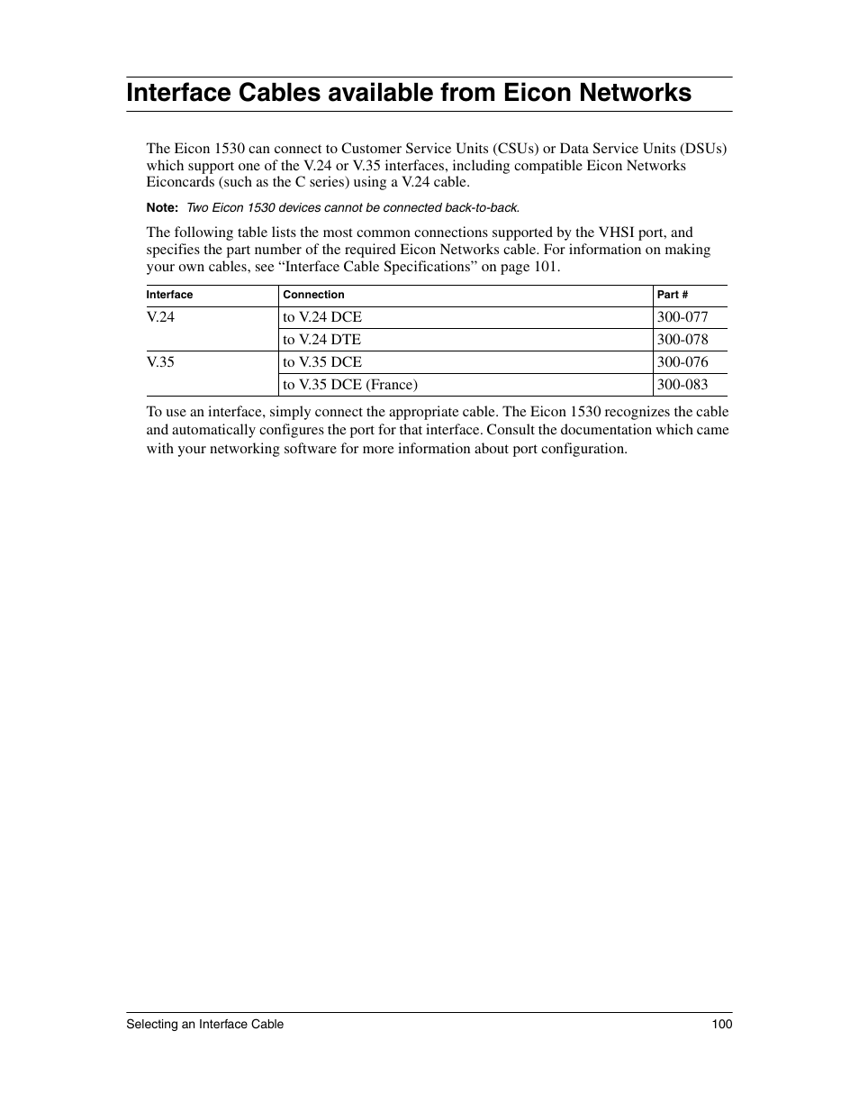 Interface cables available from eicon networks | Eicon Networks 1530 User Manual | Page 100 / 162