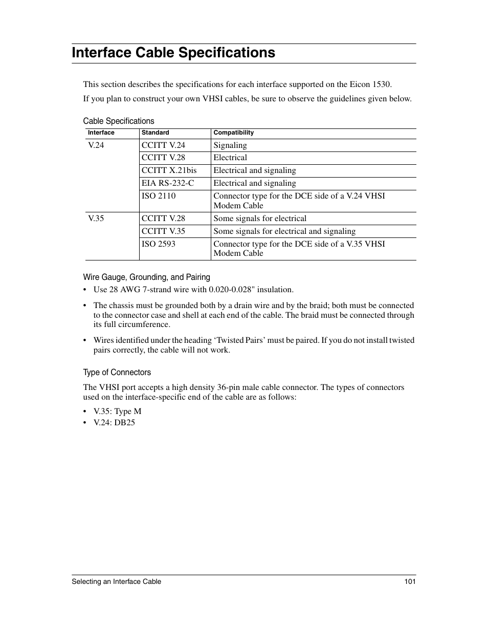 Interface cable specifications | Eicon Networks 1530 User Manual | Page 101 / 162