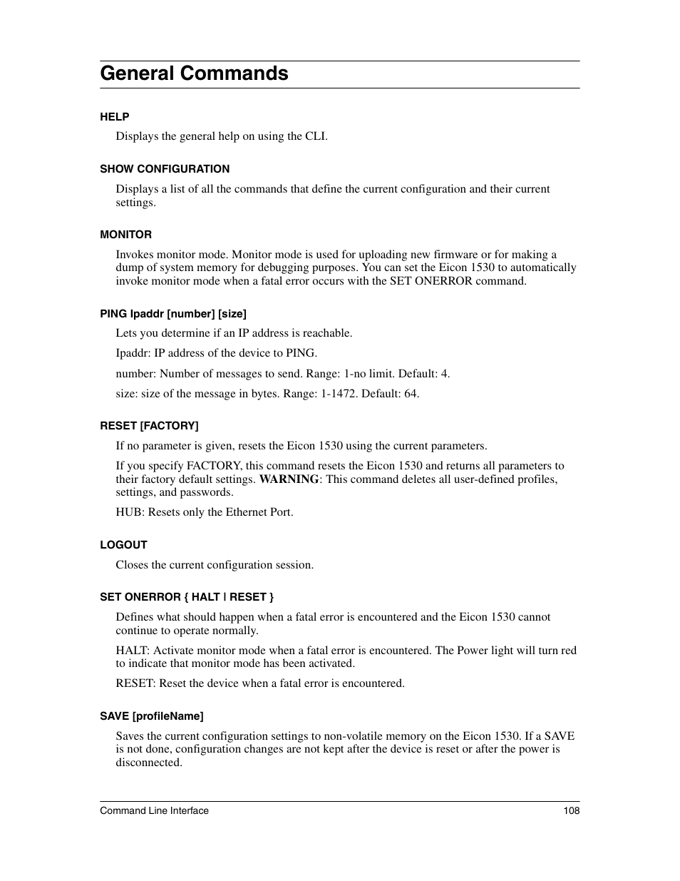 General commands | Eicon Networks 1530 User Manual | Page 108 / 162