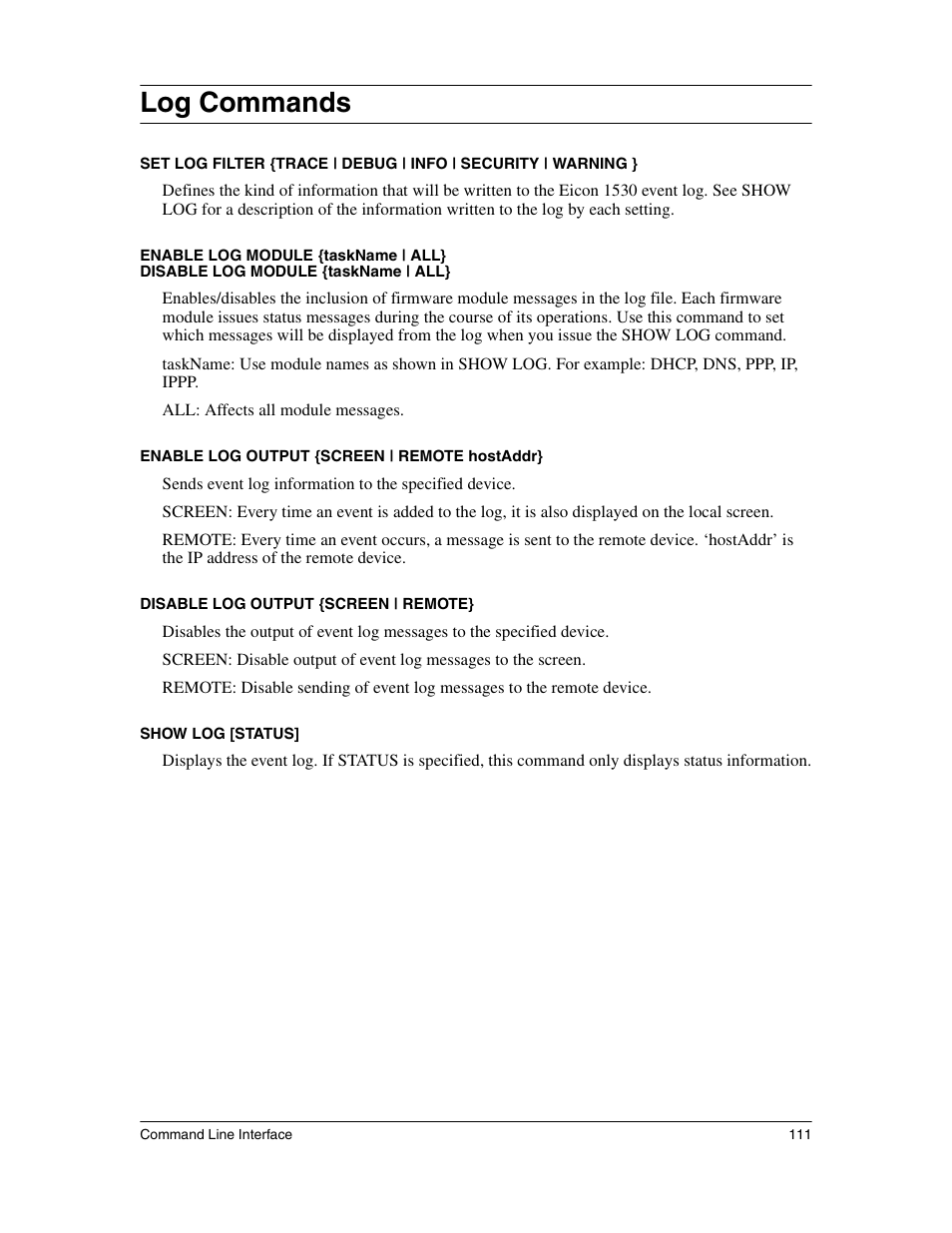 Log commands | Eicon Networks 1530 User Manual | Page 111 / 162