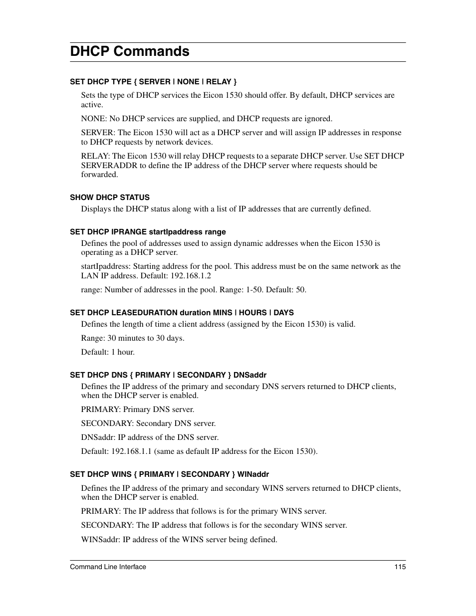 Dhcp commands | Eicon Networks 1530 User Manual | Page 115 / 162