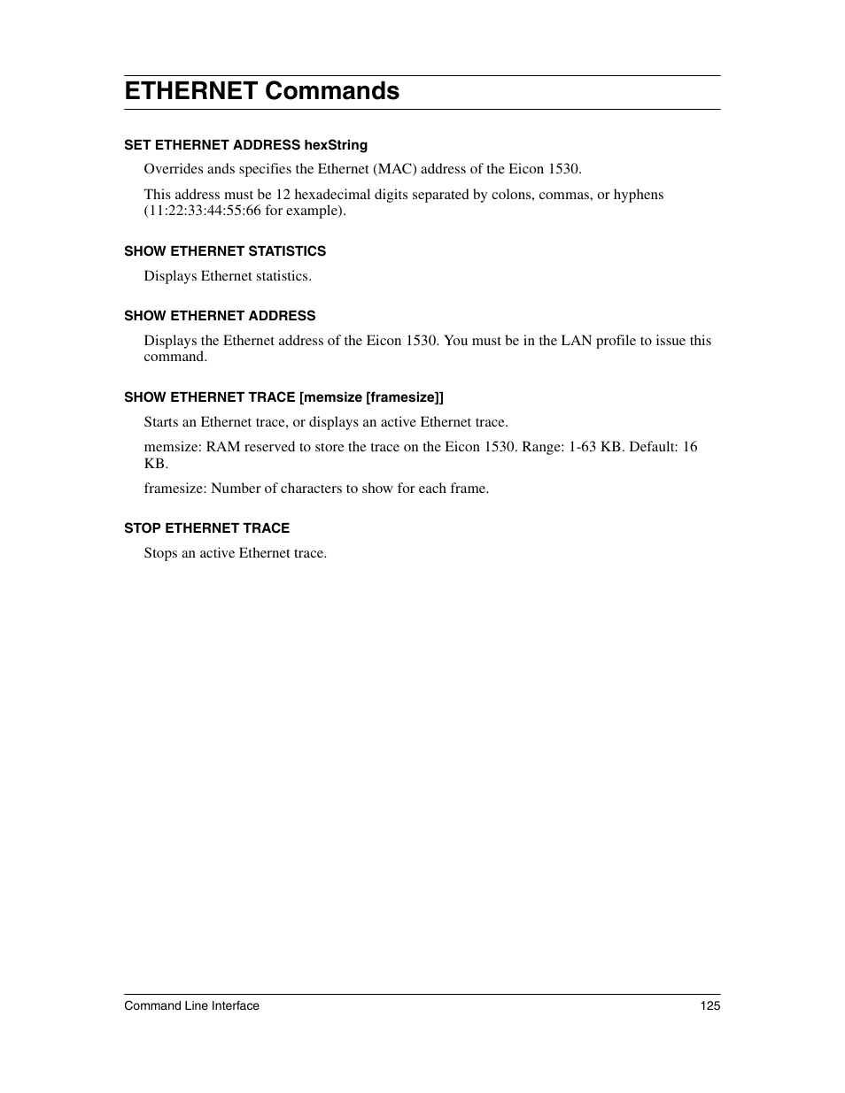 Ethernet commands | Eicon Networks 1530 User Manual | Page 125 / 162