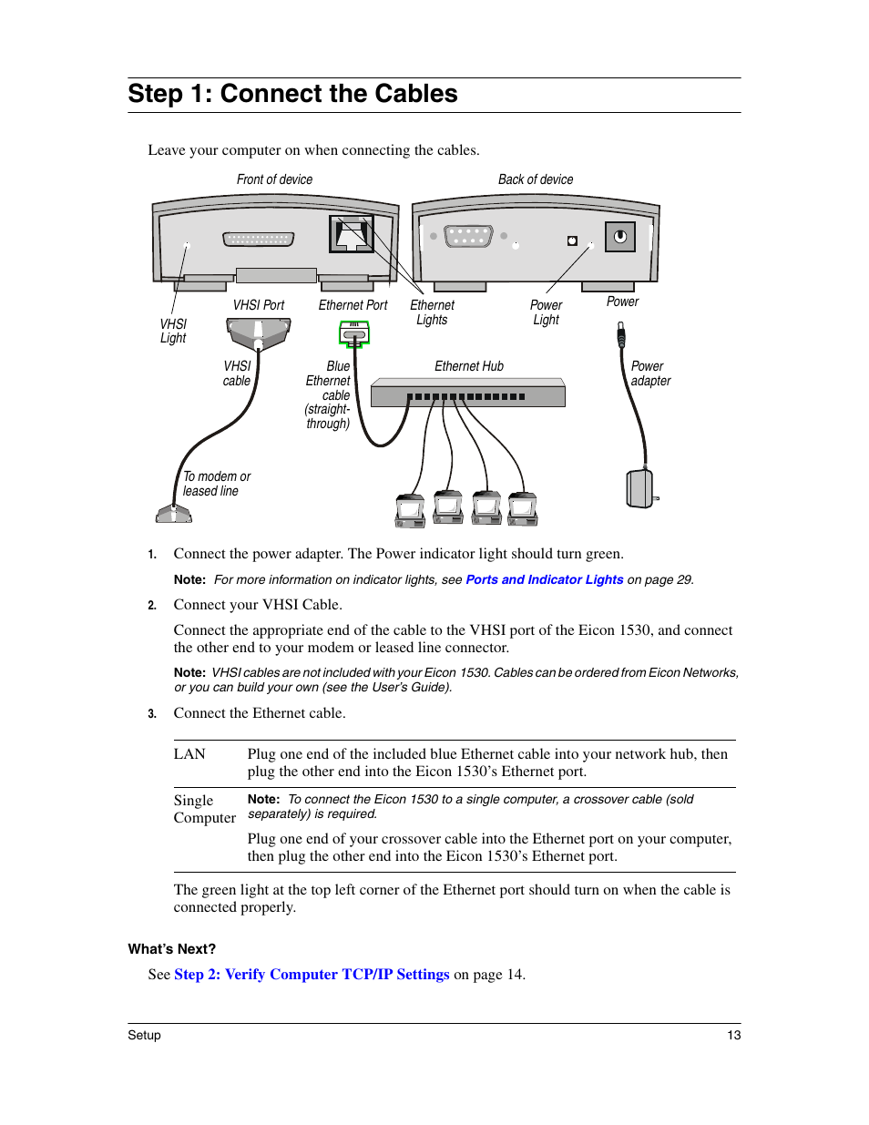 Connect the cables, Step 1: connect the cables | Eicon Networks 1530 User Manual | Page 13 / 162