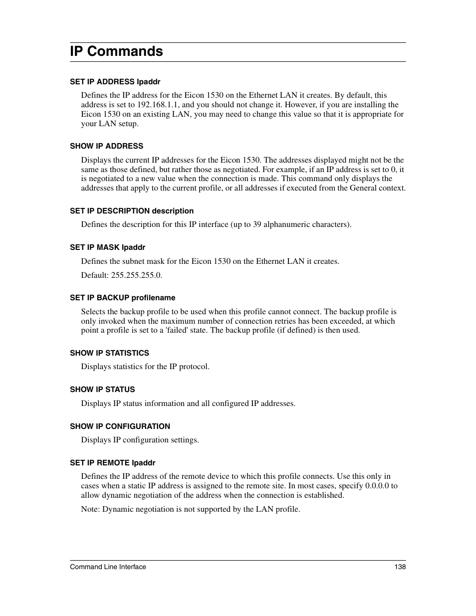 Ip commands | Eicon Networks 1530 User Manual | Page 138 / 162