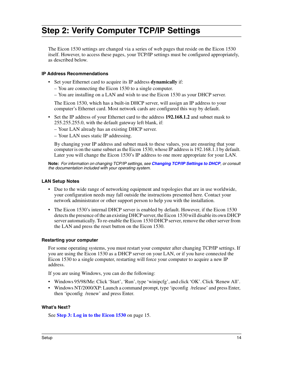 Verify computer tcp/ip settings, Step 2: verify computer tcp/ip settings | Eicon Networks 1530 User Manual | Page 14 / 162