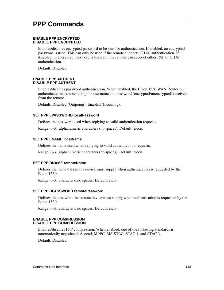 Ppp commands | Eicon Networks 1530 User Manual | Page 143 / 162