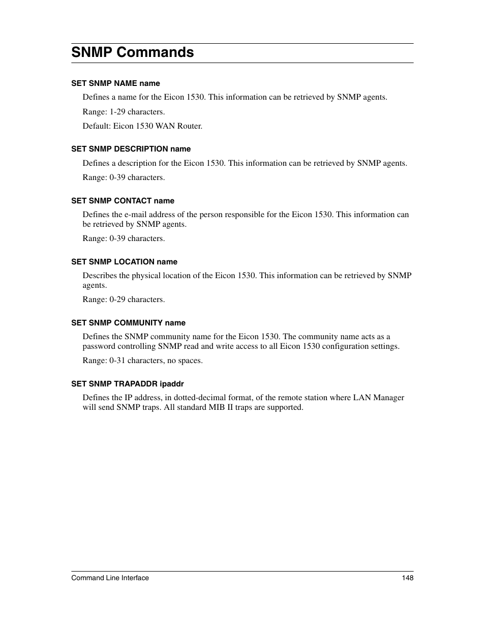 Snmp commands | Eicon Networks 1530 User Manual | Page 148 / 162