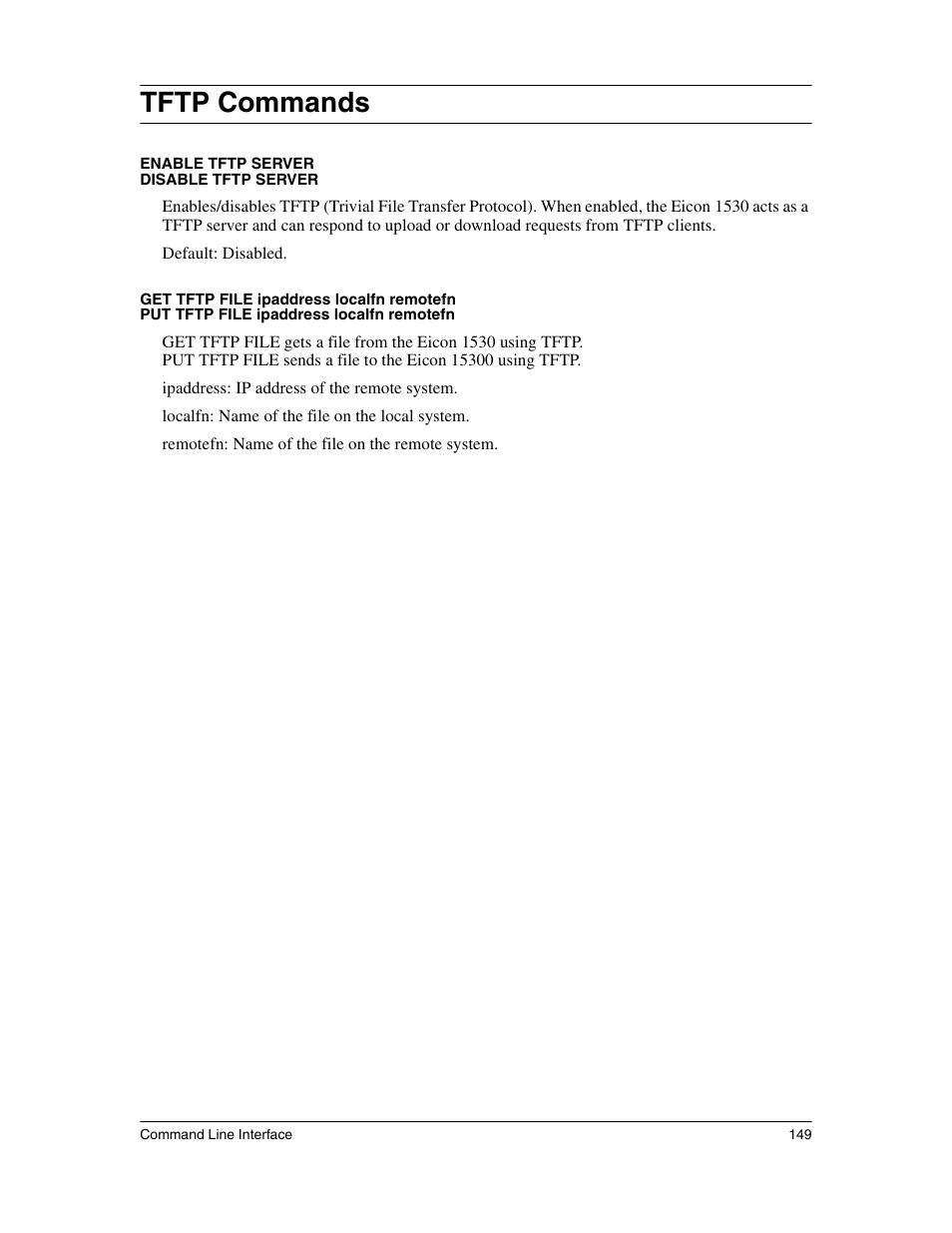 Tftp commands | Eicon Networks 1530 User Manual | Page 149 / 162