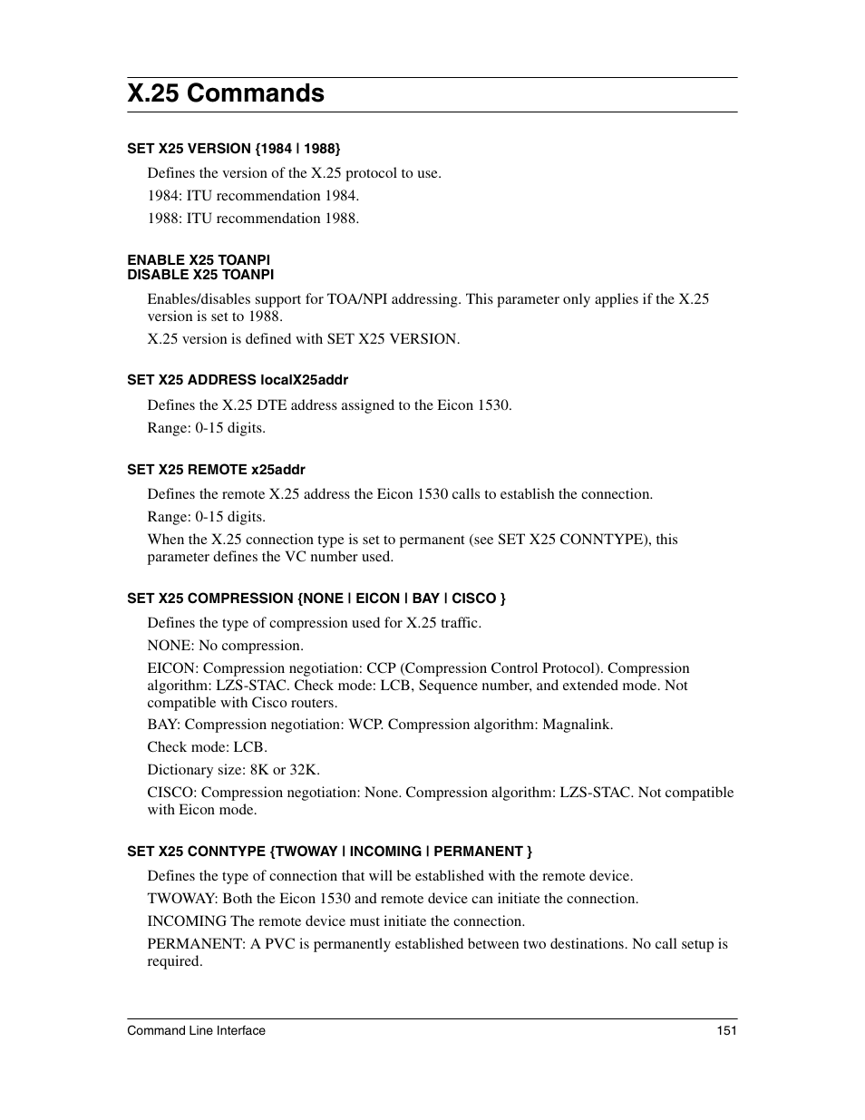 X.25 commands | Eicon Networks 1530 User Manual | Page 151 / 162