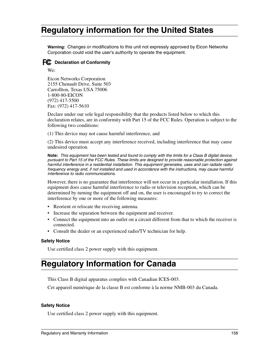 Regulatory information for the united states, Regulatory information for canada | Eicon Networks 1530 User Manual | Page 158 / 162