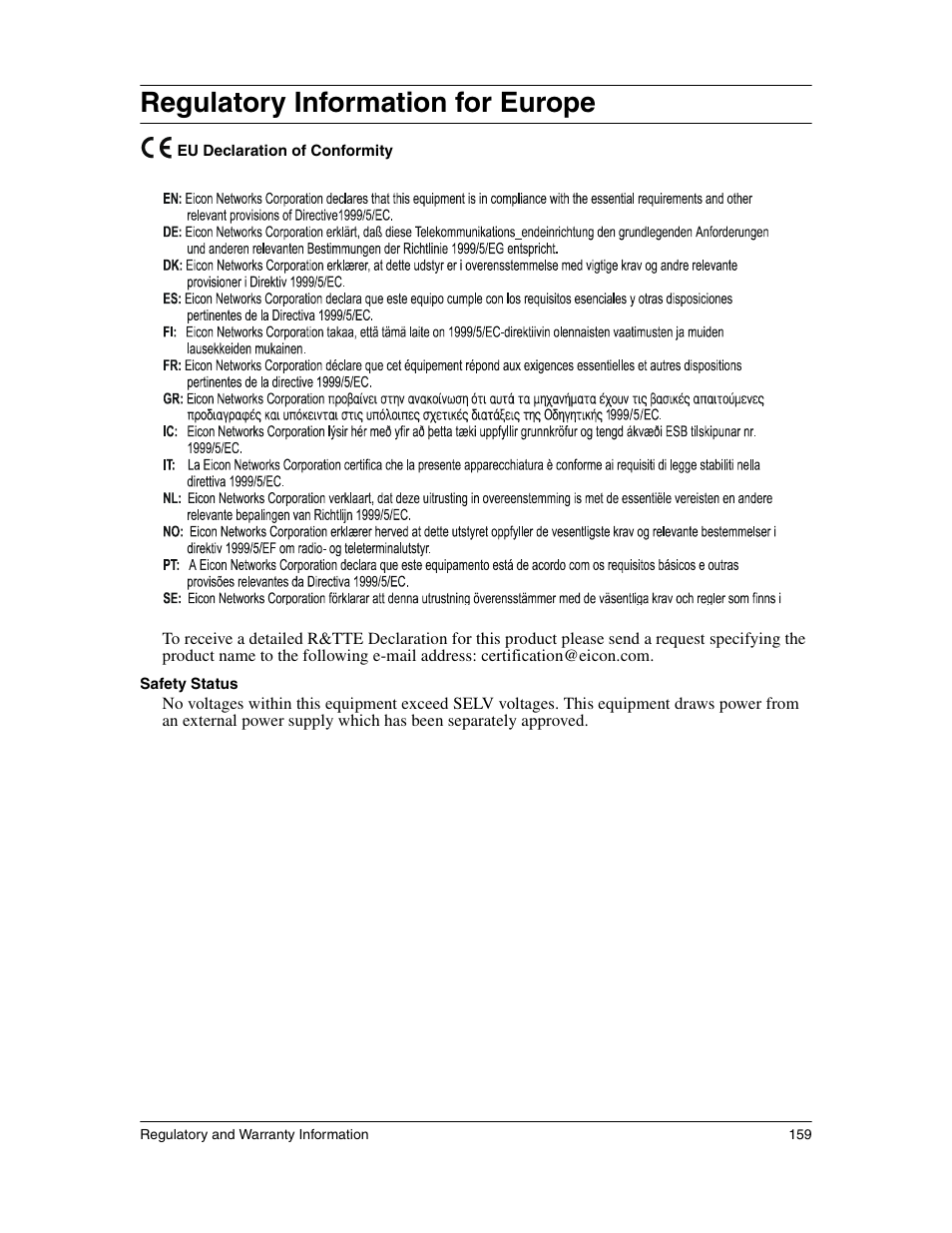 Regulatory information for europe | Eicon Networks 1530 User Manual | Page 159 / 162