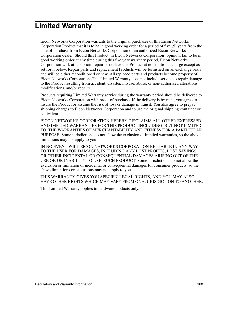 Limited warranty | Eicon Networks 1530 User Manual | Page 160 / 162