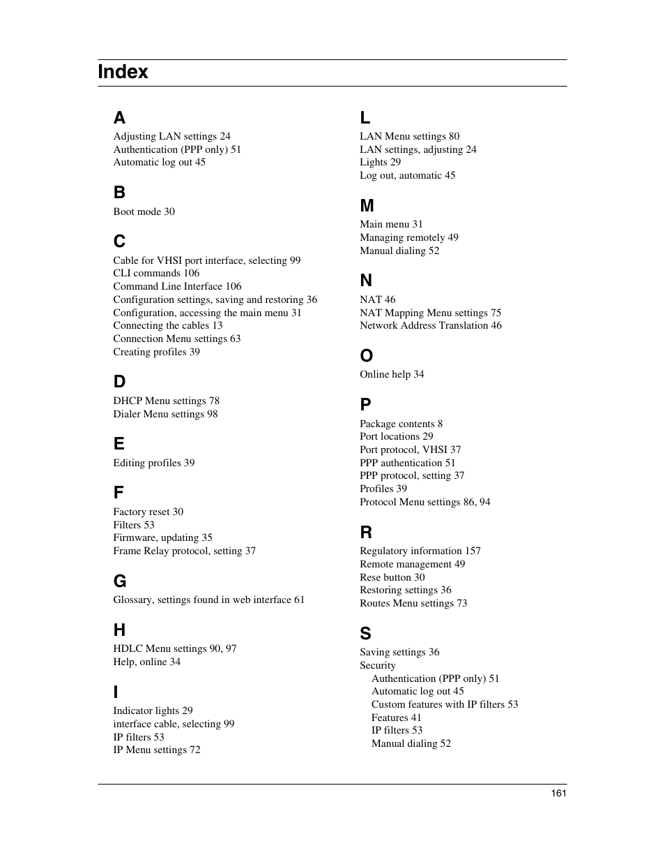 Index | Eicon Networks 1530 User Manual | Page 161 / 162