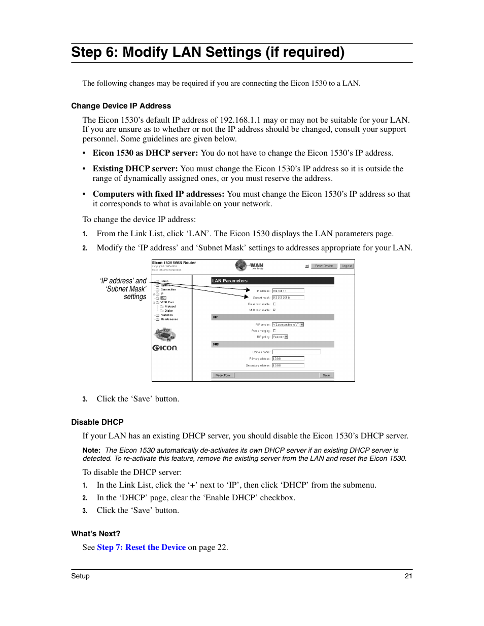 Modify lan settings (if required), Step 6: modify lan settings (if required) | Eicon Networks 1530 User Manual | Page 21 / 162