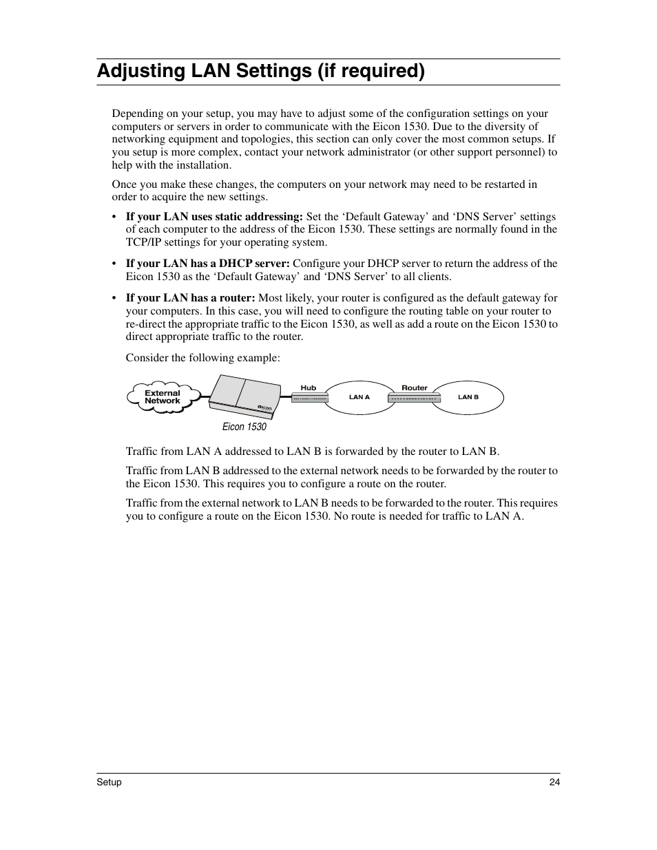 Adjusting lan settings (if required) | Eicon Networks 1530 User Manual | Page 24 / 162
