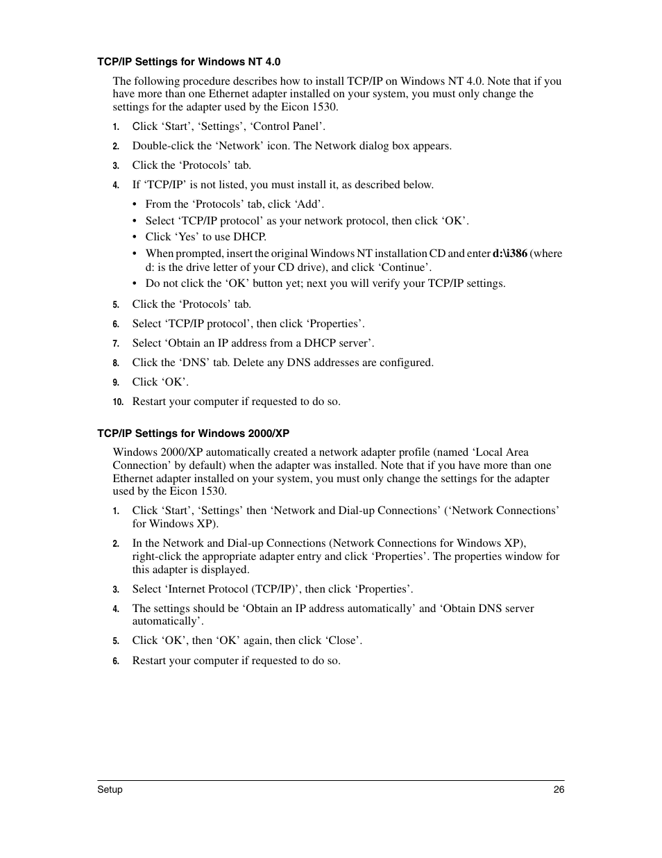 Tcp/ip settings for windows nt 4.0, Tcp/ip settings for windows 2000/xp | Eicon Networks 1530 User Manual | Page 26 / 162