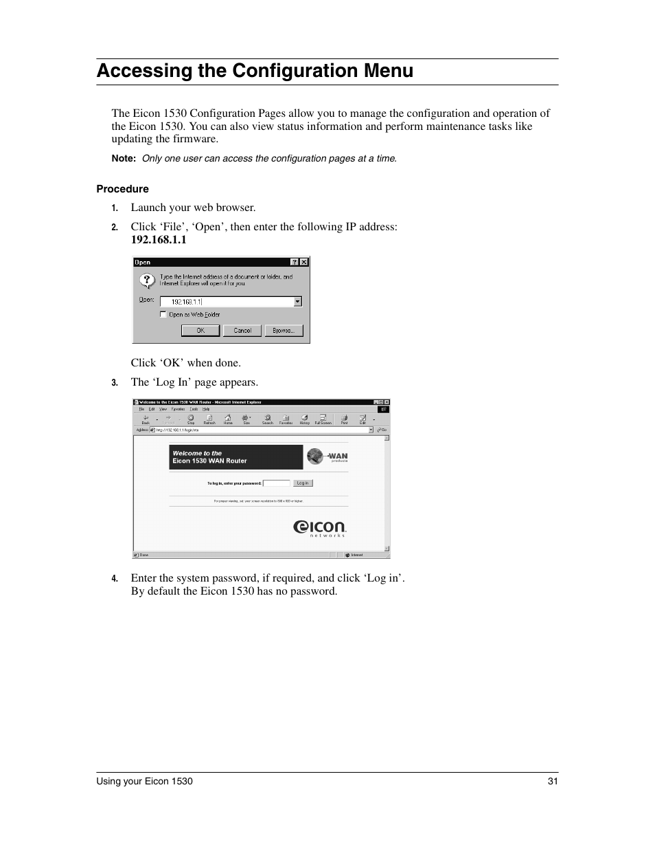 Accessing the configuration menu | Eicon Networks 1530 User Manual | Page 31 / 162