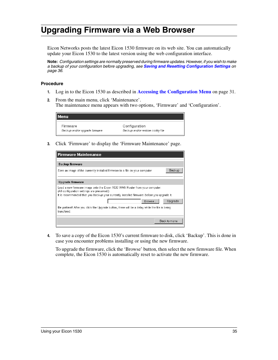 Upgrading firmware via a web browser | Eicon Networks 1530 User Manual | Page 35 / 162