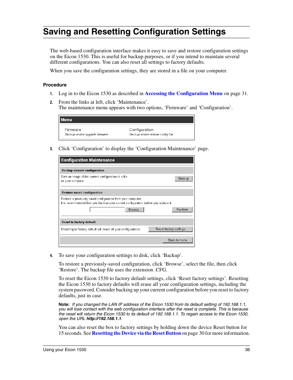 Saving and resetting configuration settings, Saving, And resetting configuration settings | Eicon Networks 1530 User Manual | Page 36 / 162