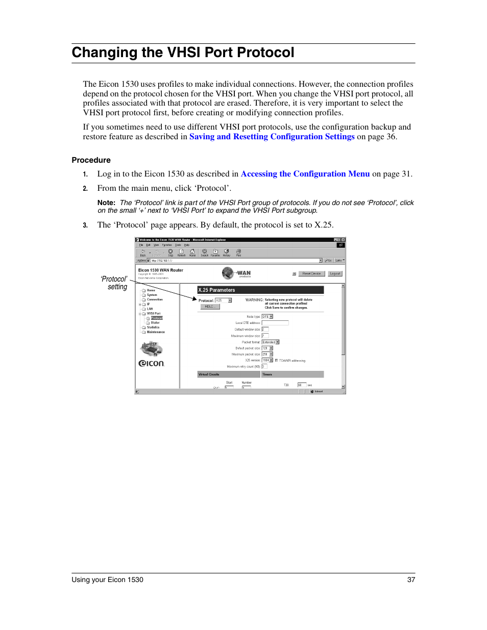 Changing the vhsi port protocol | Eicon Networks 1530 User Manual | Page 37 / 162
