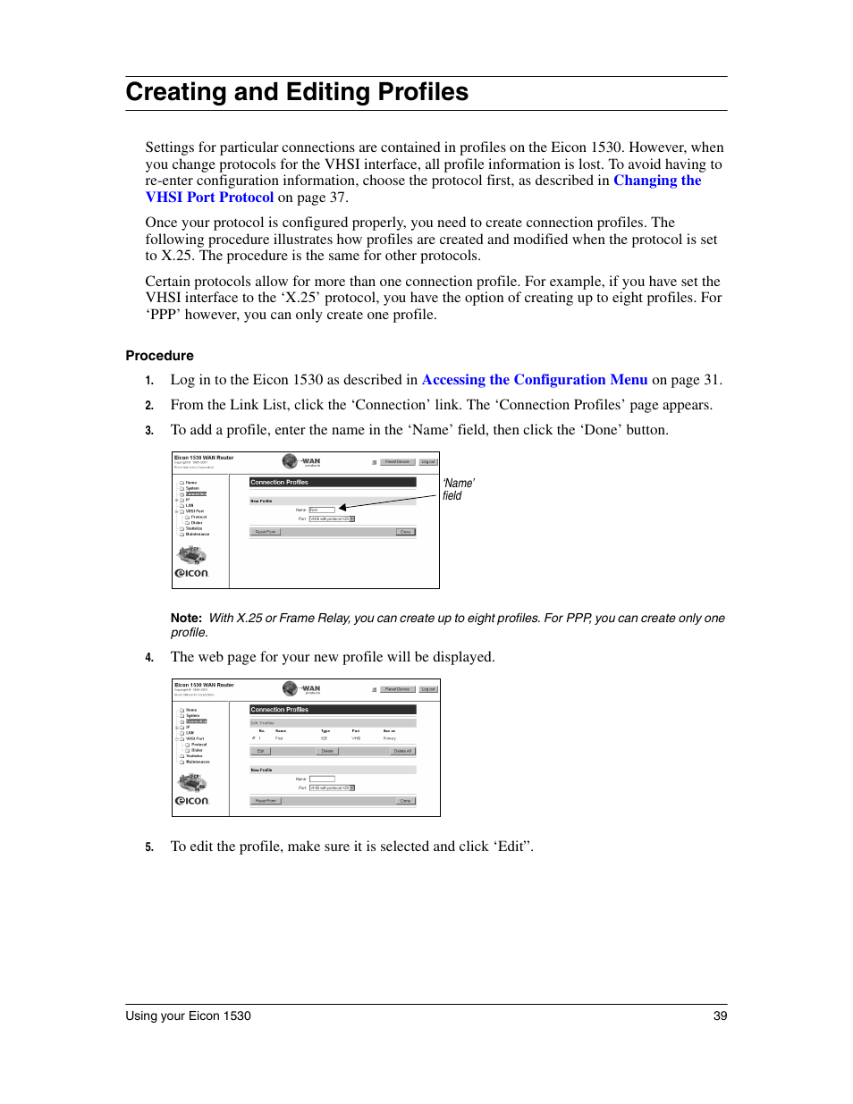 Creating and editing profiles | Eicon Networks 1530 User Manual | Page 39 / 162