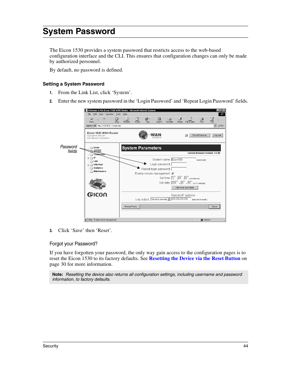 System password | Eicon Networks 1530 User Manual | Page 44 / 162