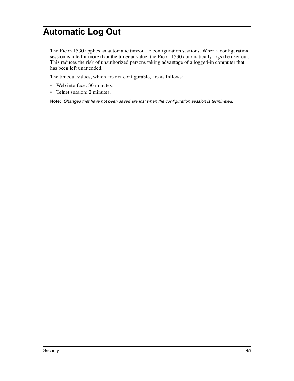 Automatic log out | Eicon Networks 1530 User Manual | Page 45 / 162