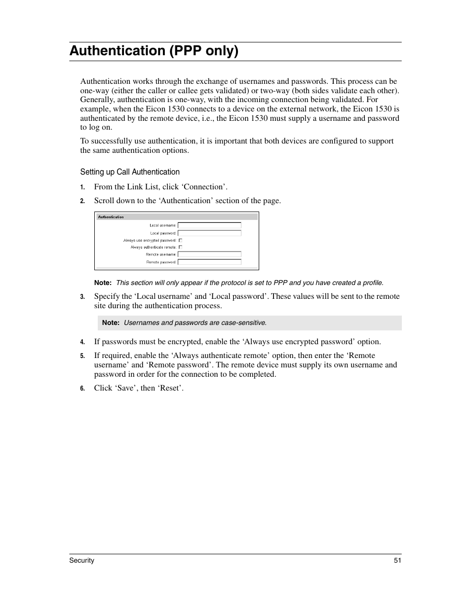 Authentication (ppp only) | Eicon Networks 1530 User Manual | Page 51 / 162