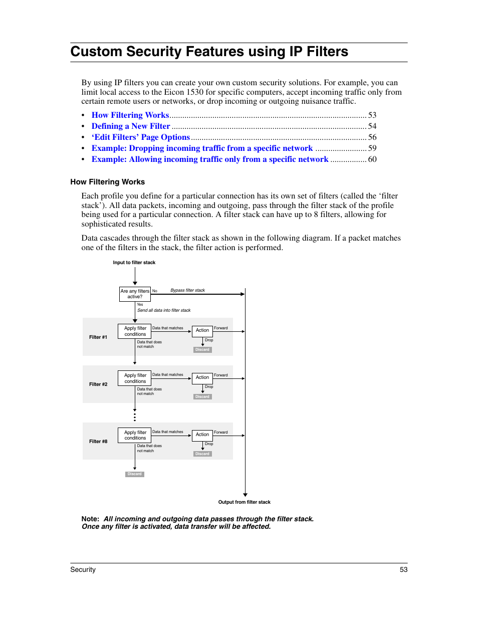 Custom security features using ip filters, How filtering works | Eicon Networks 1530 User Manual | Page 53 / 162