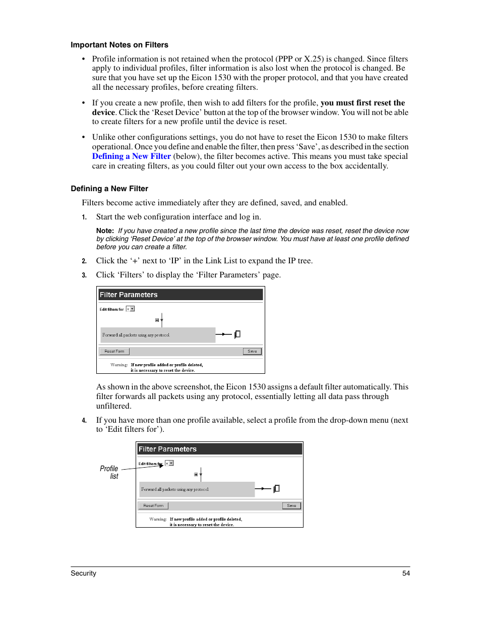 Defining a new filter | Eicon Networks 1530 User Manual | Page 54 / 162