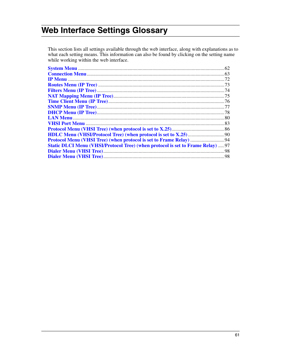 Web interface settings glossary | Eicon Networks 1530 User Manual | Page 61 / 162