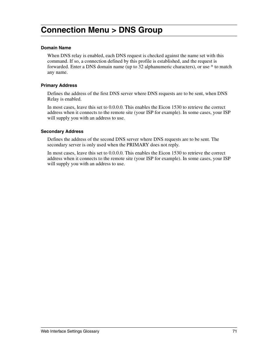 Connection menu > dns group | Eicon Networks 1530 User Manual | Page 71 / 162