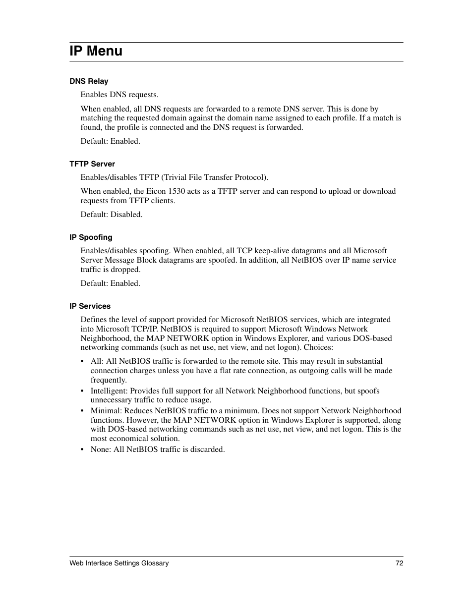 Ip menu | Eicon Networks 1530 User Manual | Page 72 / 162